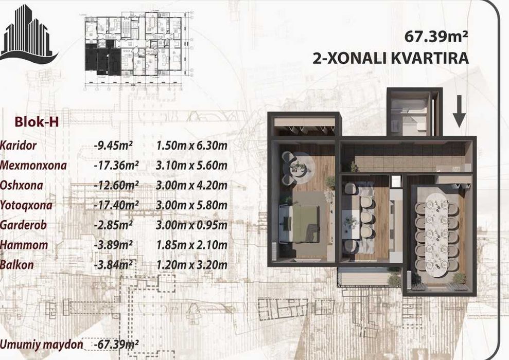 ПОД КЛЮЧ БИЗНЕС КАМФОРТ  2-хонали муддатли толовга!!! (707)