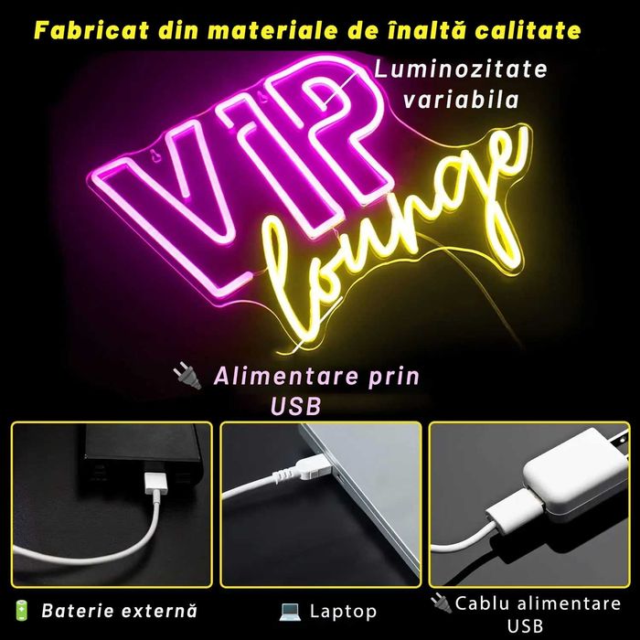 Panou Neon LED „VIP lounge” roz/fucsia si galben cald, 40x30cm Temark®