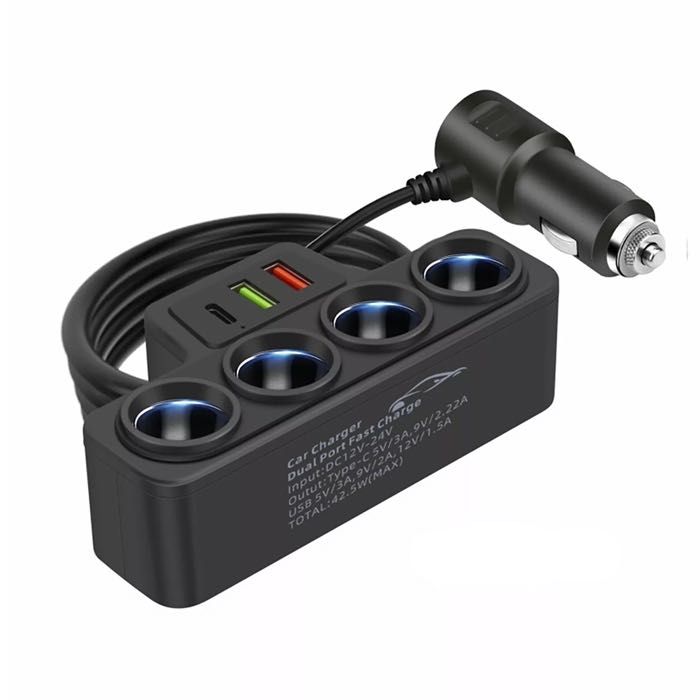 Разклонител за запалка С 4 Гнезда, 2 x USB, 1 x Type-C кола бус 12v 24