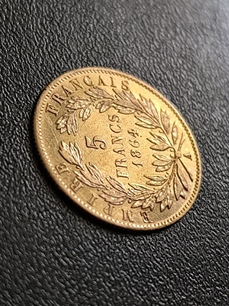 5 франка 1864 год, Наполеон с венец, Злато 1.61 гр,900/1000