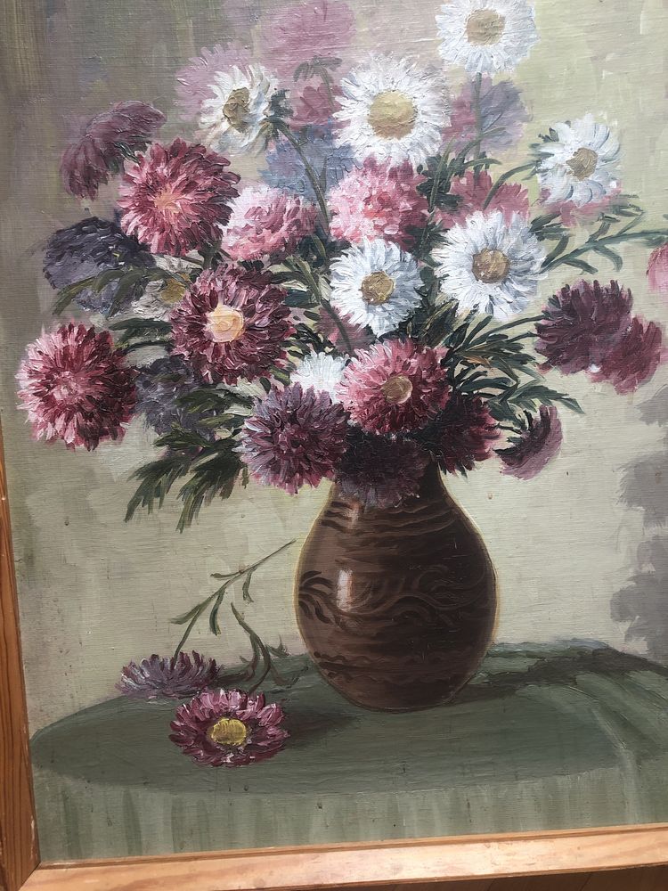 Tablou,pictura germana in ulei pe carton,vaza cu crizantemei