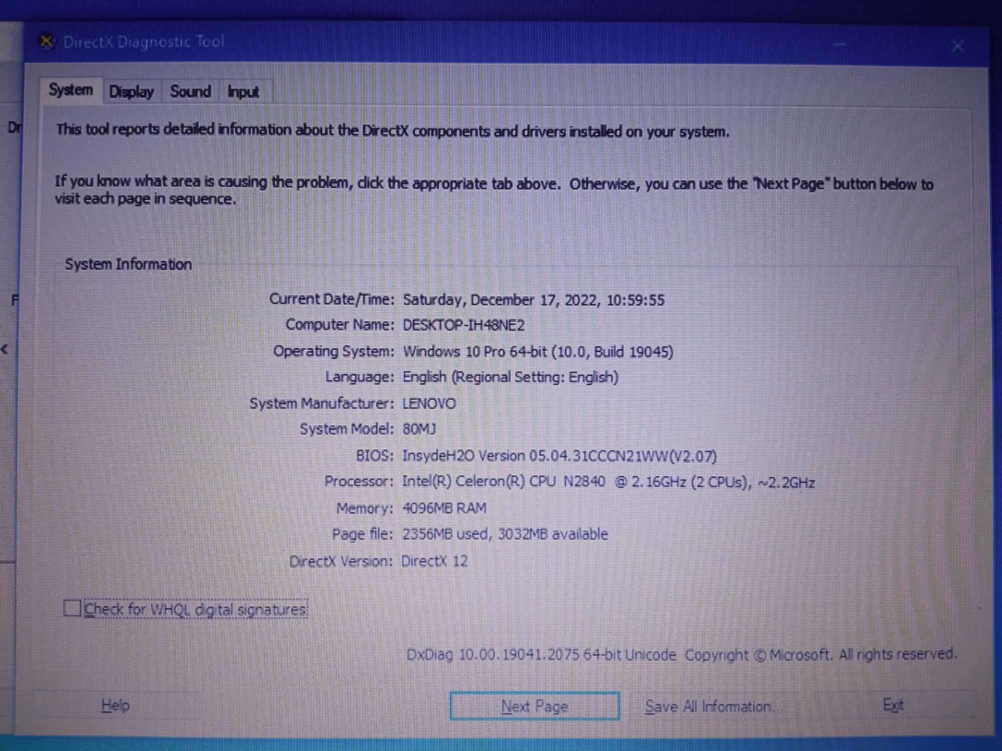 Laptop Lenovo Ideaped 100 80Mj Intel Celeron N2840 dual cote 2.2 Ghz