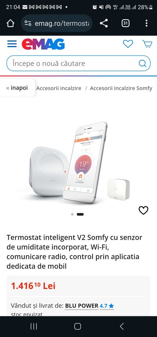 Termostat inteligent V2 Somfy cu senzor de umiditate incorporat, Wi-Fi