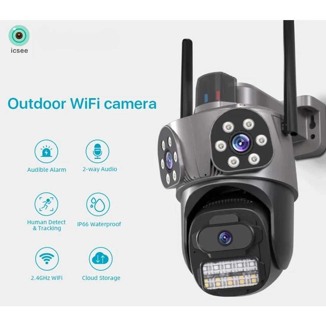 + 64GB карта 3008 10Mp WiFi Безжична IP камера, 3 обектива iCSee