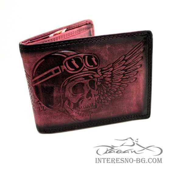 Рокерски портфейл от естествена кожа SKULL (red)