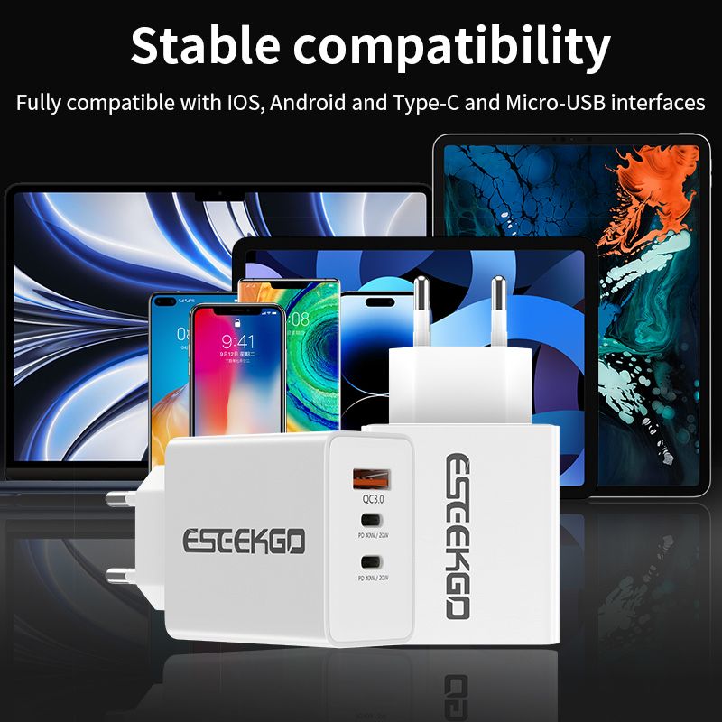 3-в-1 Бързо Зарядно Адаптер: USB Type A и Двоен USB Type C (40W/20W)