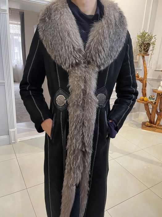 Дубленка кожа лазер, натуральная овчина, с песцовым ворот