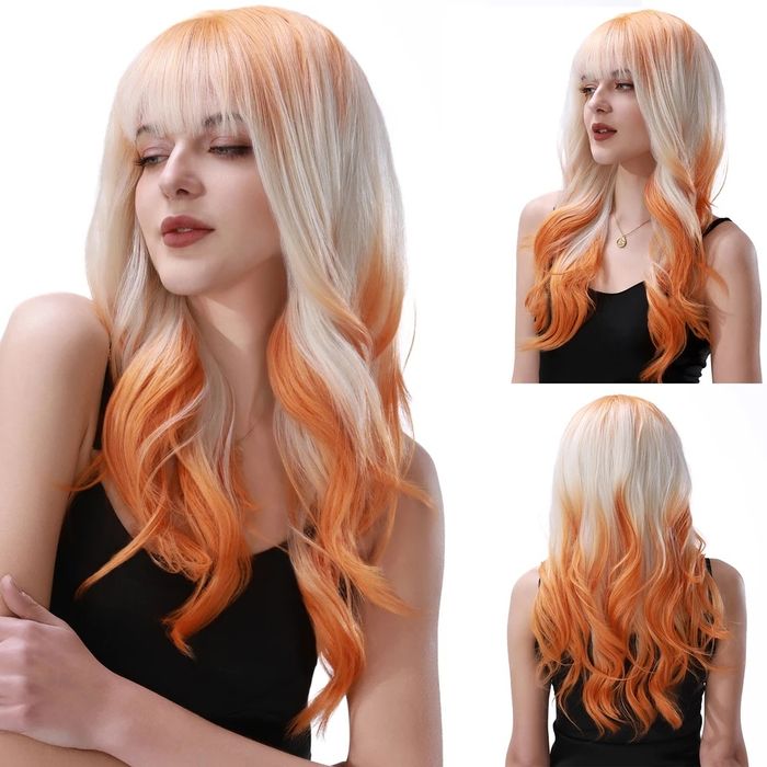 Омбре перука бяла с оранжеви корени и краища