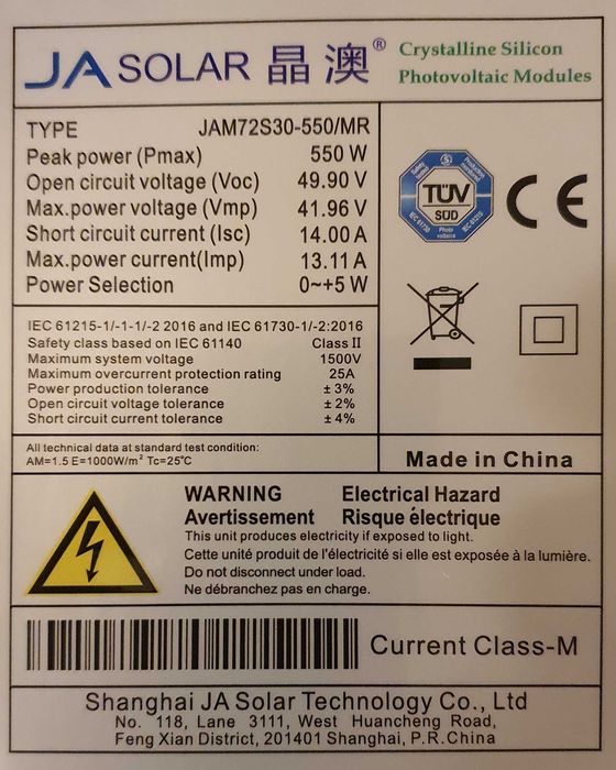 Panouri fotovoltaice  JA Solar 550 W