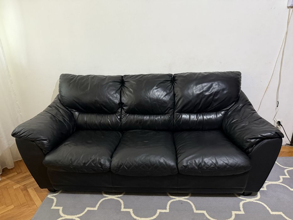 Set canapea + 2 fotolii din piele naturala neagra