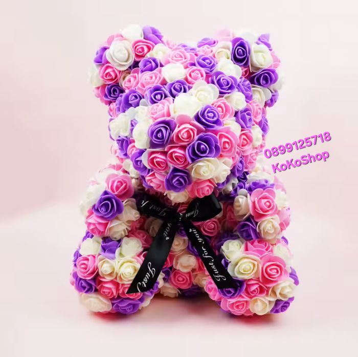 Мече от рози 40 см.-червено,розово,бяло синьо