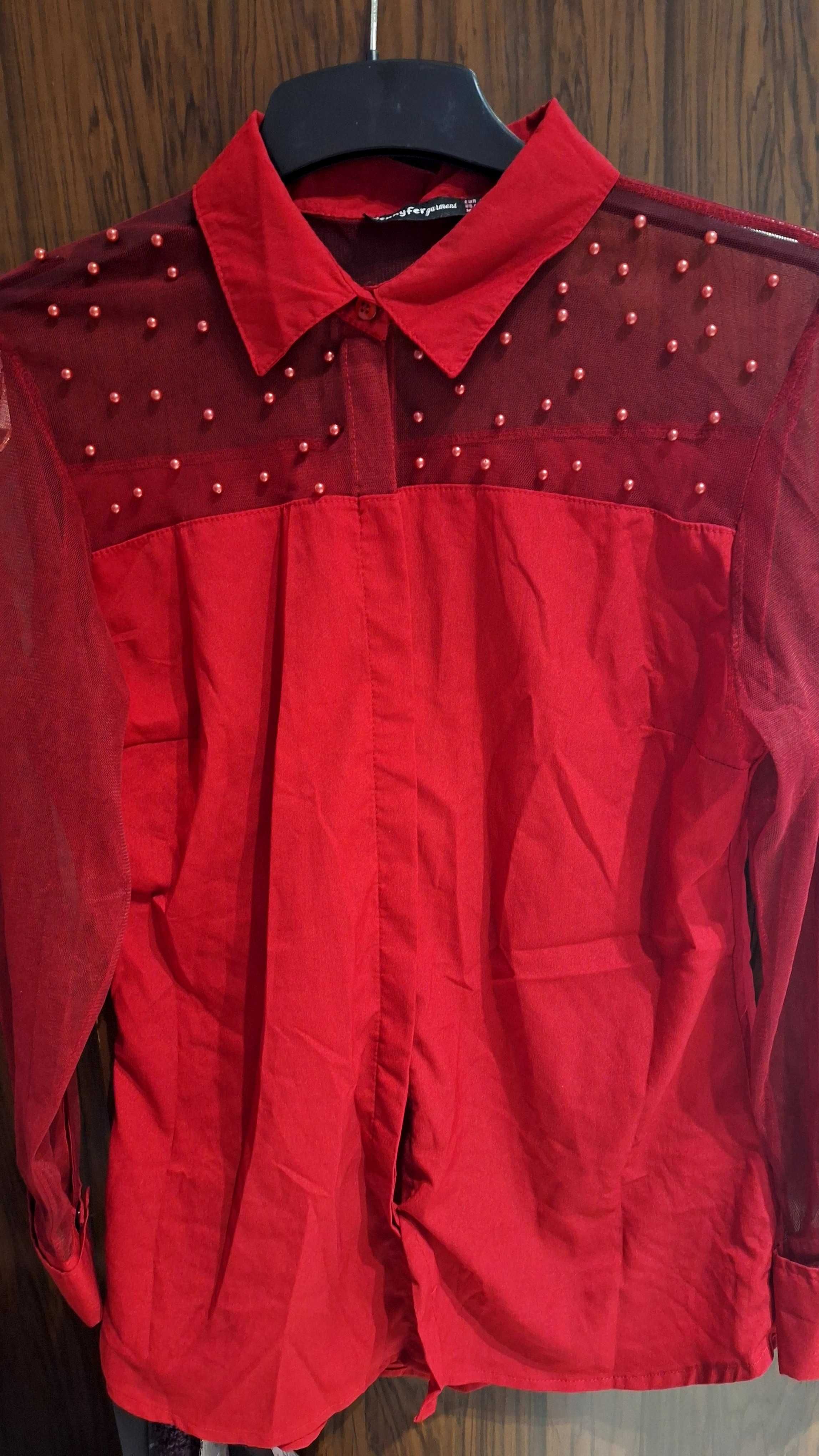Червена риза,ръкав тюл,с перлички