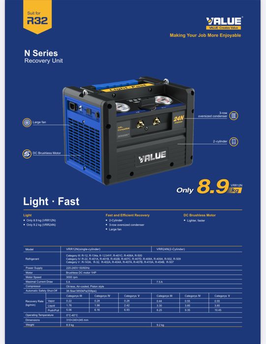 Recuperator freon value VRR12N statie recuperare toara gama r32 cu tva