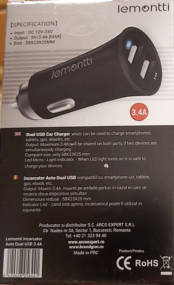 Încărcător / charger auto Rapid, Lemontti, Dual USB, 3.4A, Negru
