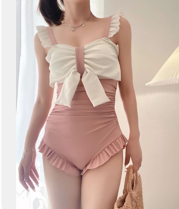 Costum de baie kawai roz pudra cu funda alba