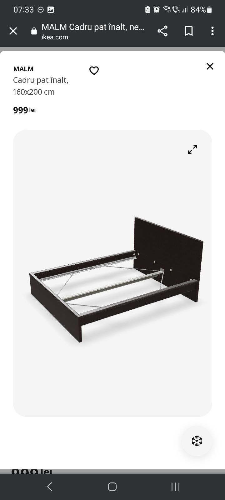 Pat matrimonial Ikea Malm negru 1600x2000 cu somiera inclusa