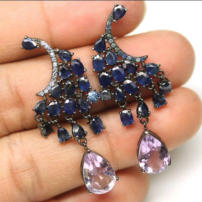 Superba pereche de cercei - argint masiv - safire naturale si ametiste