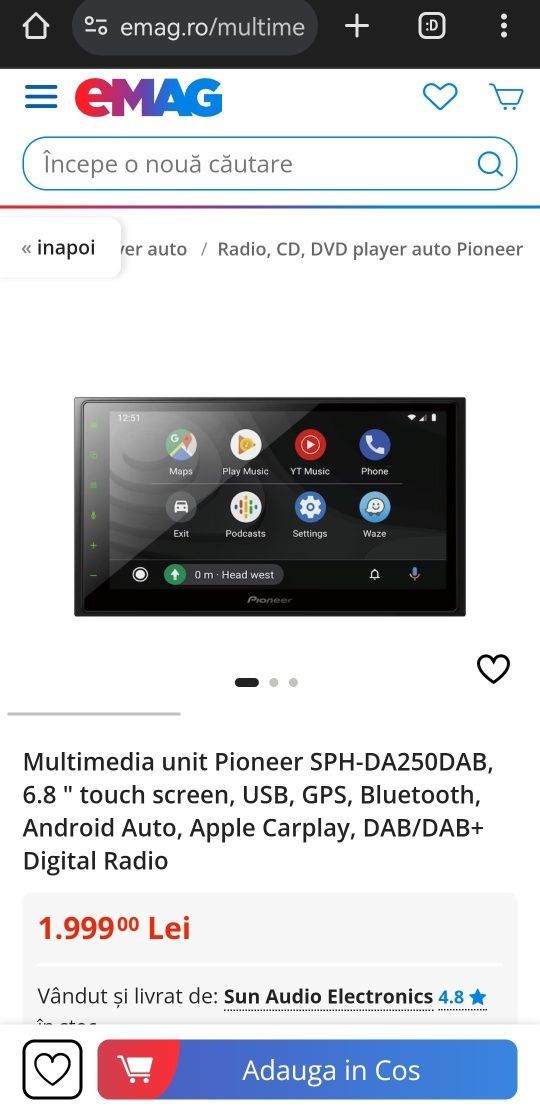 Multimedia unit Pioneer SPH-DA250DAB, 6.8 " touch screen, USB, GPS,