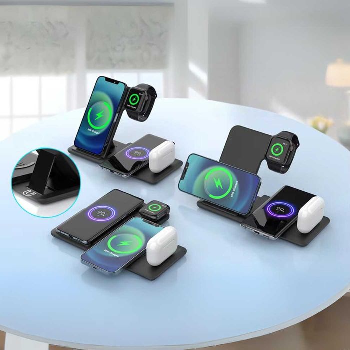 4в1 Безжично Зарядно | 2 Телефона, 1 Смарт-часовник, 1 Слушалки