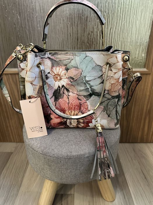 Дамска чанта, естествена кожа с флорални мотиви Vera