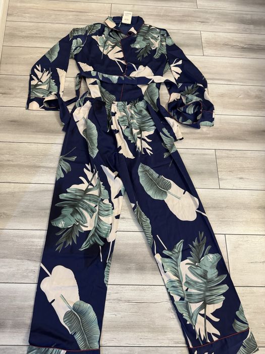 Pijama noua satin frunze bleumarin s36