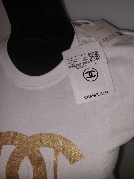 Tricou alb Chanel marime L, cu imprimeu auriu, nou cu eticheta