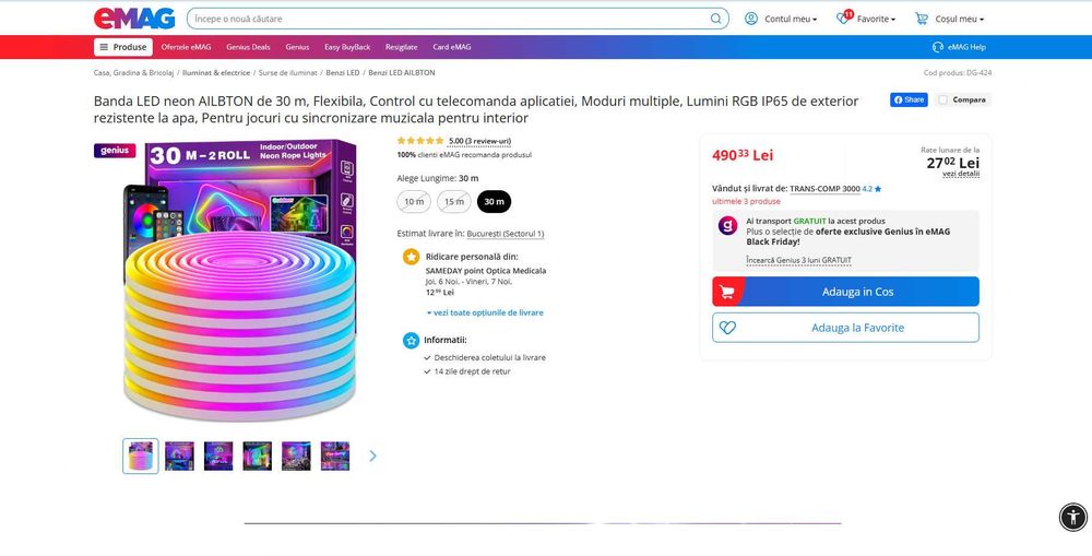 REDUS de la 490RON, Banda Smart Neon LED RGB 15/30m, Music Sync+ APP