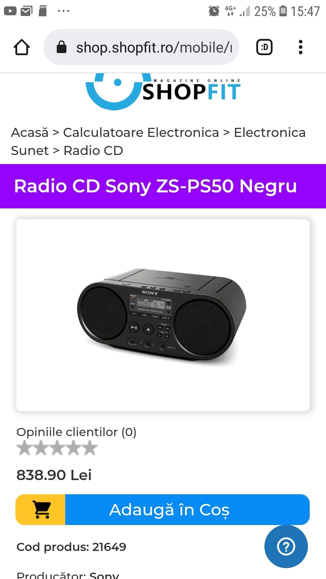 Radio Cd Sony ZS-PS50 cu usb Transport gratuit