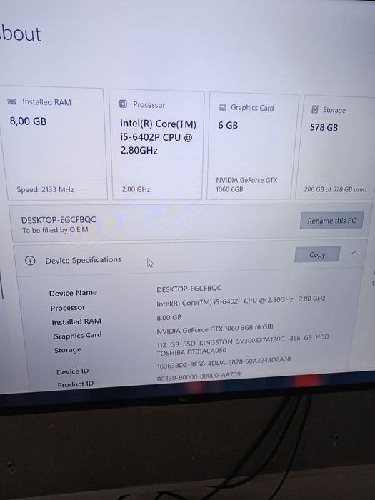 PC   I5, video gtx 1060 6gb, 8gb ram