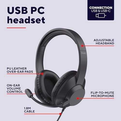 Нови USB-C PC слушалки с микрофон 1.8м кабел Teams Zoom лаптоп офис