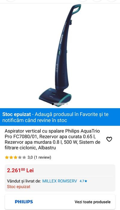 Vând aspirator vertical cu spălare Phillips AquaTrio