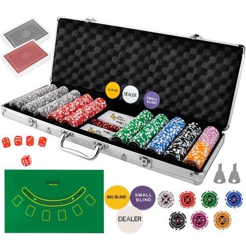 Set Poker Deluxe  500 Jetoane, Servieta, 2 Pachete Carti si 5 Zaruri