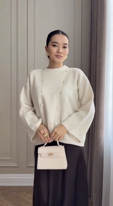 Кофта свитер теплый белый юбка макси