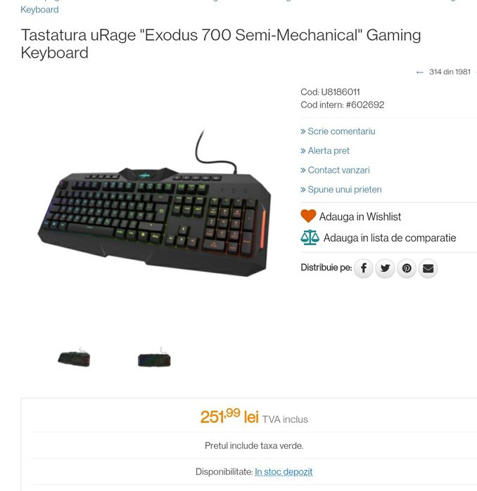 Tastatura uRage "Exodus 700 Semi-Mechanical" Gaming Keyboard
