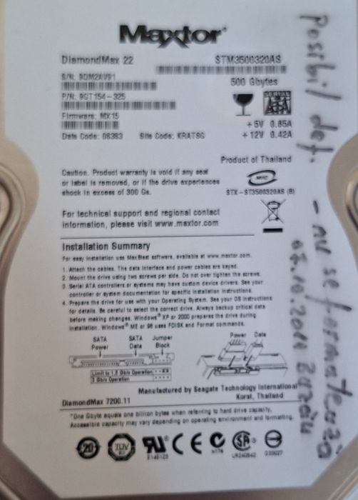 Maxtor HDD 500 Gbytes  diamondmax 22
