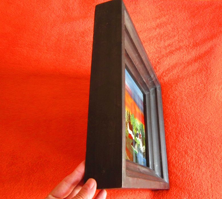 Craciun cadou rar Biserica si moară la apus semnat pictura sticla