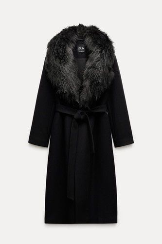 Zara вълнено палто с пухена яка и колан