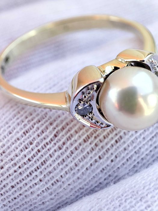(REZ) Inel Aur 14K Cu Diamante Si Perla Naturala Apa Dulce
