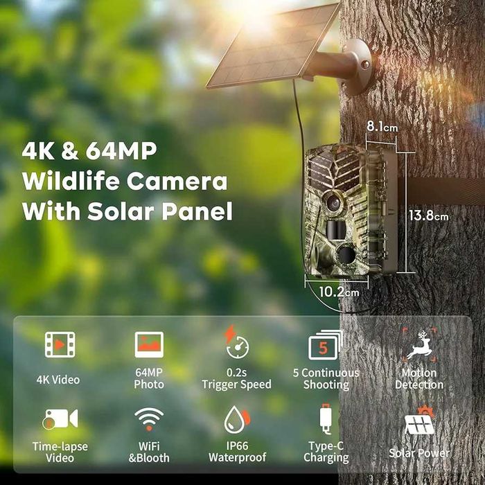 Solareye Trail Camera WiFi - Соларно захранвана 4K 64MP ловна с нощно