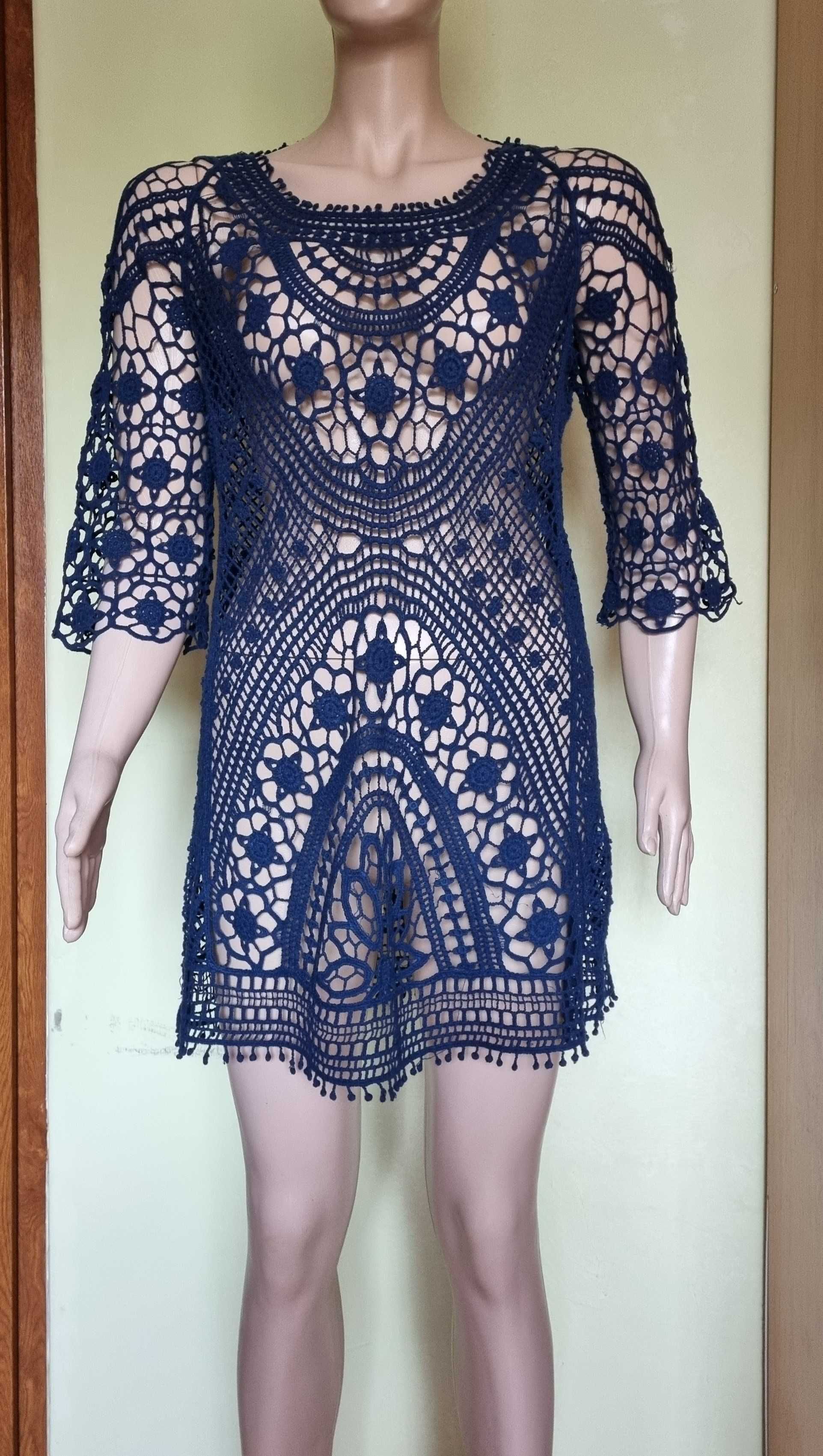 Rochie bleumarin crosetata, 100% bumbac. Marime unica, s-m- l.