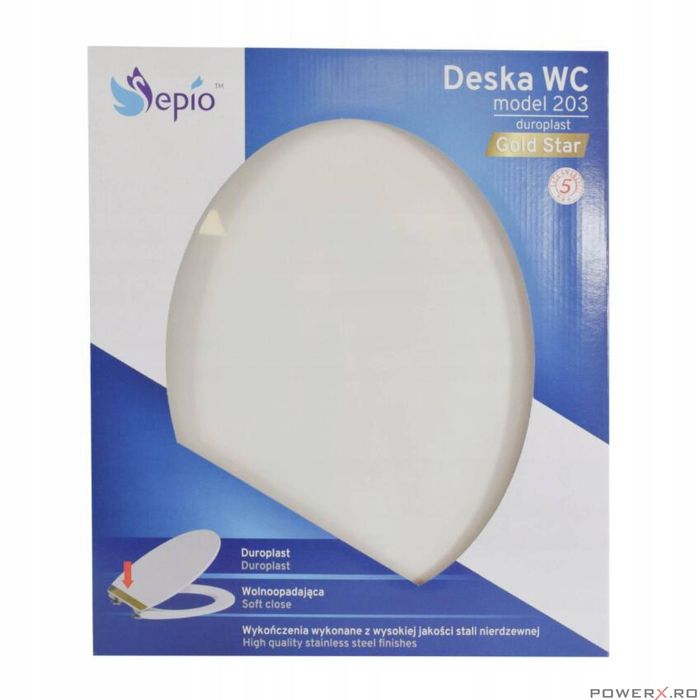Capac de WC alb-auriu, inchidere silentioasa, duroplast, 37,5x42
