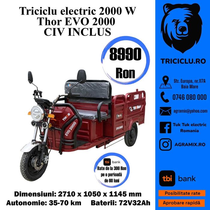 Triciclu electric Thor EVO 2000 W CIV inclus PRODUS NOU