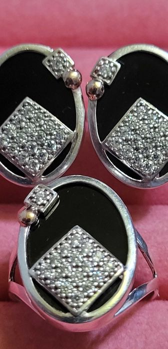 Set argint, cercei si inel, Onix  aur de 9k zirconii