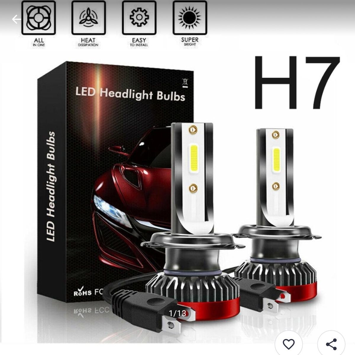 Becuri LED H7 10. 000 lumeni 6000k alb rece