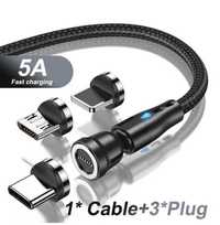 Cablu incarcare rapida, magnetic, Tip C, 5A, 3 capete cu magnet, 2m