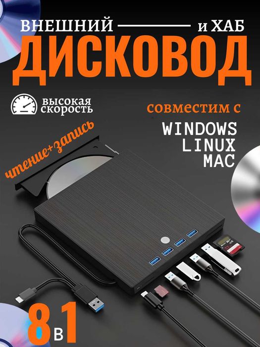 Внешний дисковод DVD-RW, DVD-ROM, CD-ROM 8в1.USB-хаб, высокая скорость