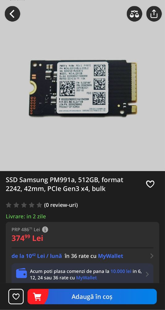 SSD Samsung PM991a, 512GB, format 2242, 42mm, PCIe Gen3 x4, bulk