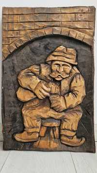 Vând tablou în relief sculptat în lemn