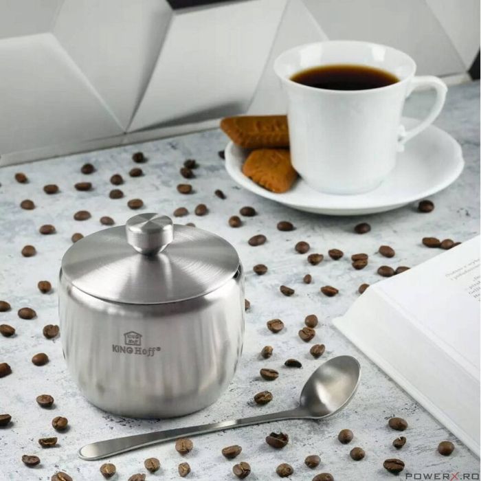 Recipient pentru zahar, condimente, sosuri, cu lingura si capac, inox,