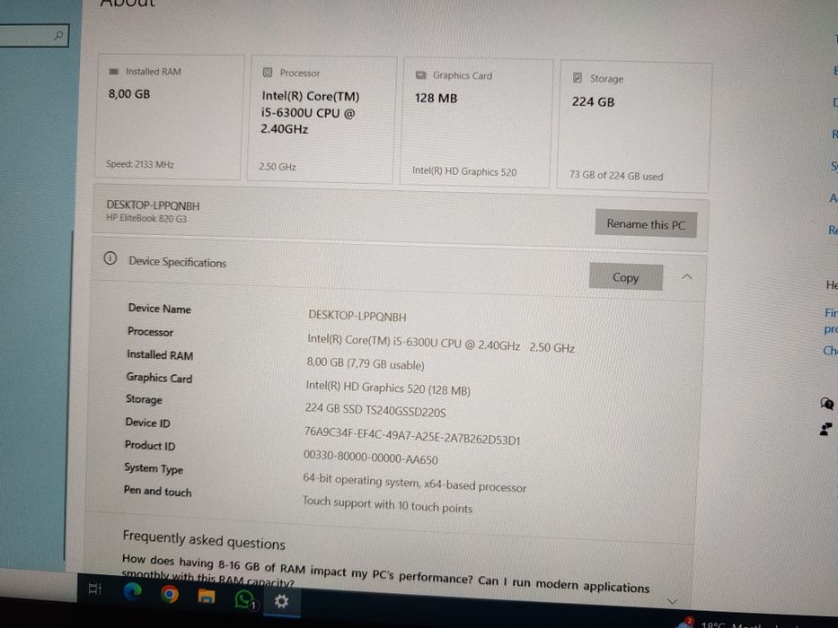 HP Elitebook 820 i5 gen6 8Gb ddr4 256Gb SSD - touchscreen